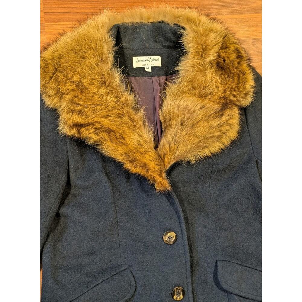 Vintage Wool Coat Real Fur Collar Long Black Overcoat USA Womens 14 Classic - Picture 2 of 12